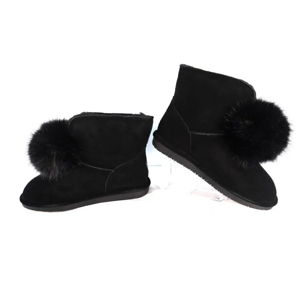 BearPaw Women's‎ Black Faux Fur Pom Pom Ankle Boots Size 9
